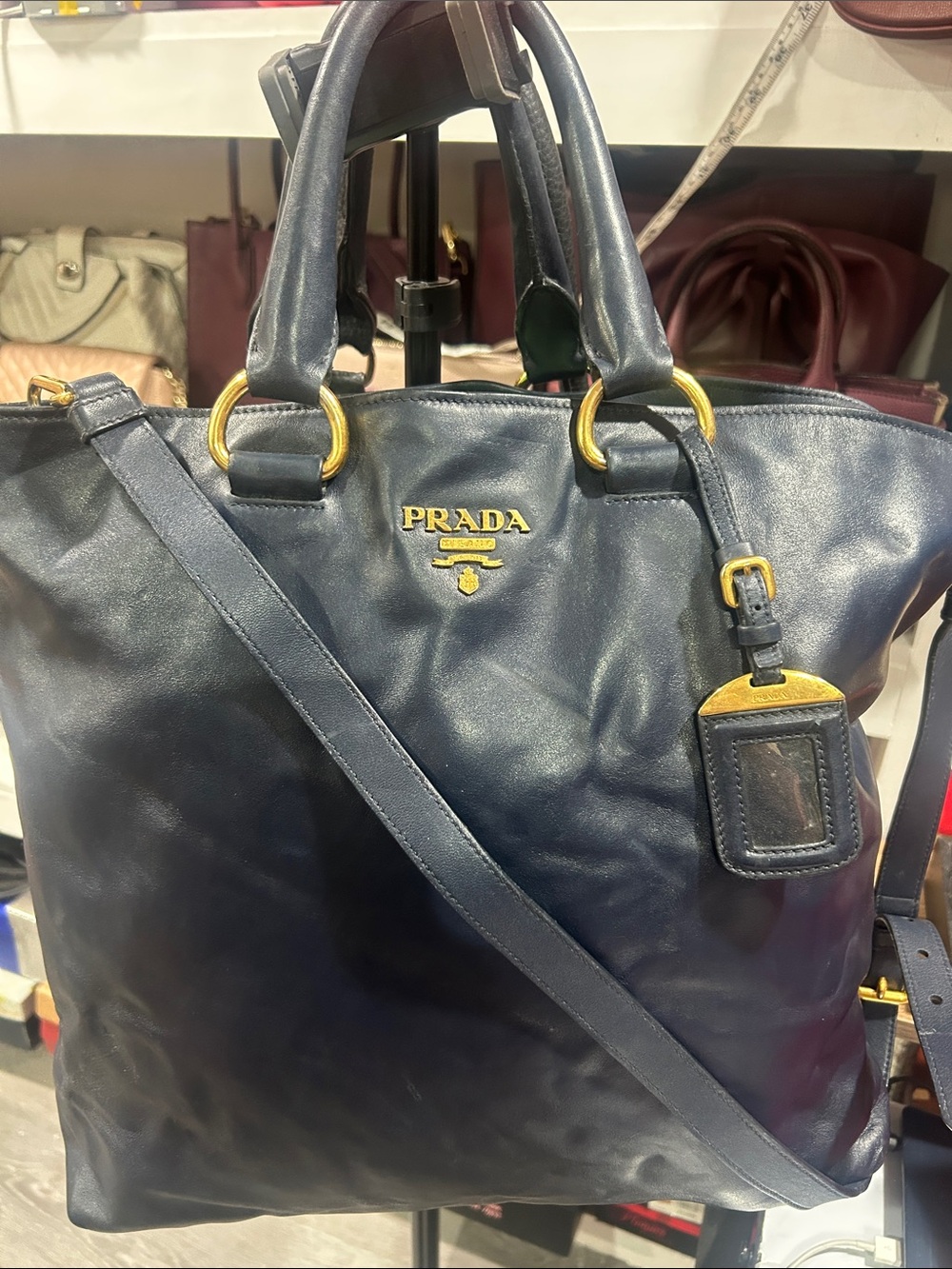 Prada Navy Leather Shoulder Tote with Gold Accents